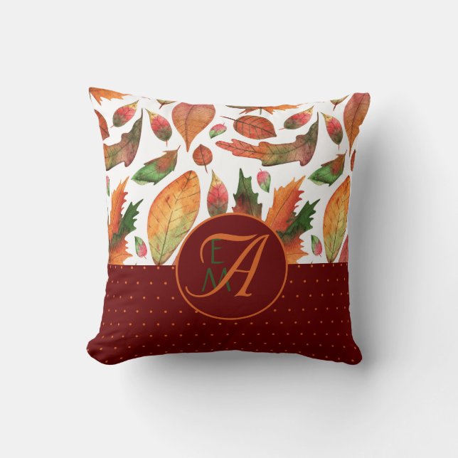 Monogram Autumn Leaves Fall Deep Red Green Decor Throw Pillow (Front)