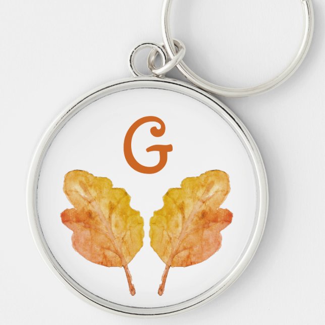 Monogram Autumnal Fall Foliage Orange Leaves Keychain (Front)