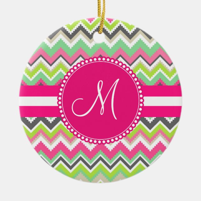 Monogram Aztec Andes Tribal Mountains Chevron Ceramic Ornament (Front)