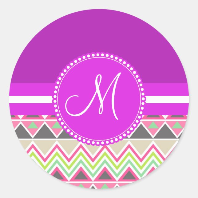 Monogram Aztec Andes Tribal Mountains Chevron Classic Round Sticker (Front)