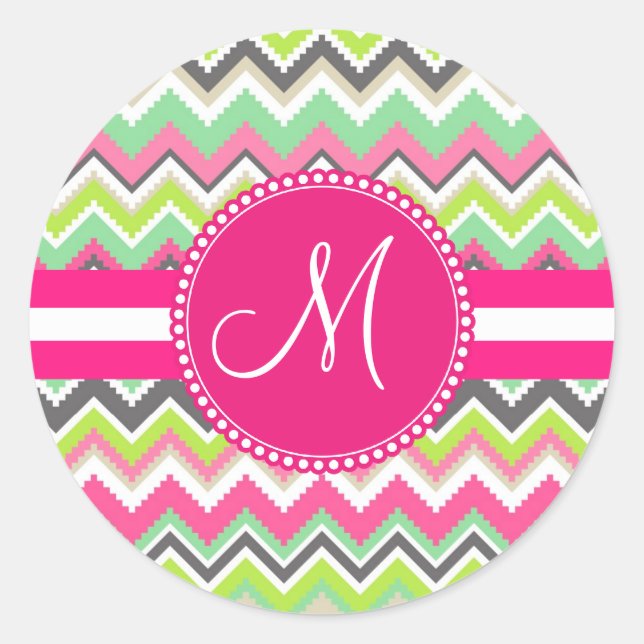 Monogram Aztec Andes Tribal Mountains Chevron Classic Round Sticker (Front)