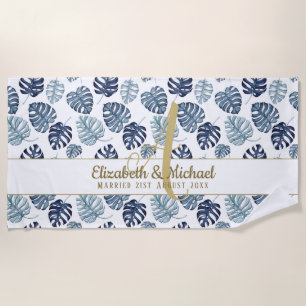 Monogram Azure Blue Tropical Leaves Gold Newlyweds Beach Towel