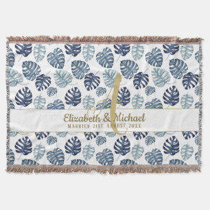 Monogram Azure Blue Tropical Leaves Gold Newlyweds Throw Blanket