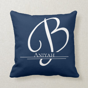 Monogram B Blue White Name  Throw Pillow