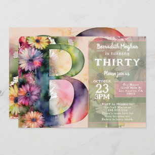 Monogram B Colorful Watercolor Flowers Birthday  Invitation