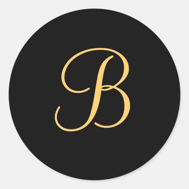 Monogram B,  gold coloured initial B on black, Classic Round Sticker (Front)