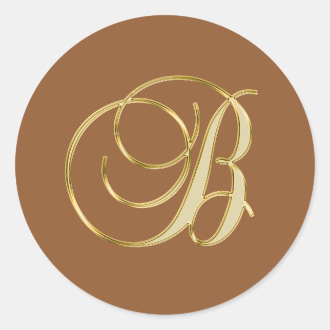 Monogram B gold on brown background Classic Round Sticker (Front)
