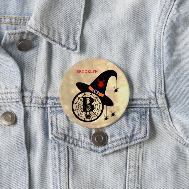 Monogram B Halloween Sky Witch Spiders Name Button (In Situ)