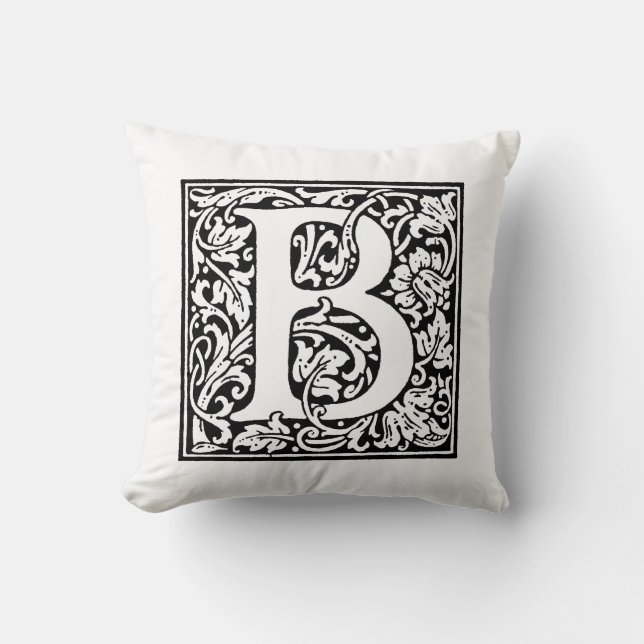 Monogram B Initial Black and White Floral Pattern Throw Pillow (Front)