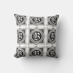 Monogram B Initial Black and White Floral Pattern Throw Pillow