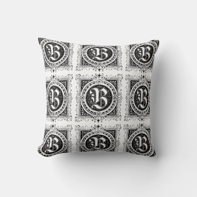 Monogram B Initial Black and White Floral Pattern Throw Pillow (Front)