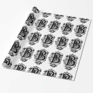Monogram B Initial Black and White Floral Pattern Wrapping Paper