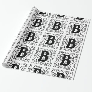 Monogram B Initial Black and White Floral Pattern Wrapping Paper