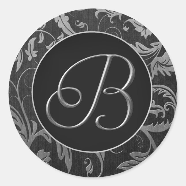 Monogram B Silver and Black Damask Wedding Seal (Front)