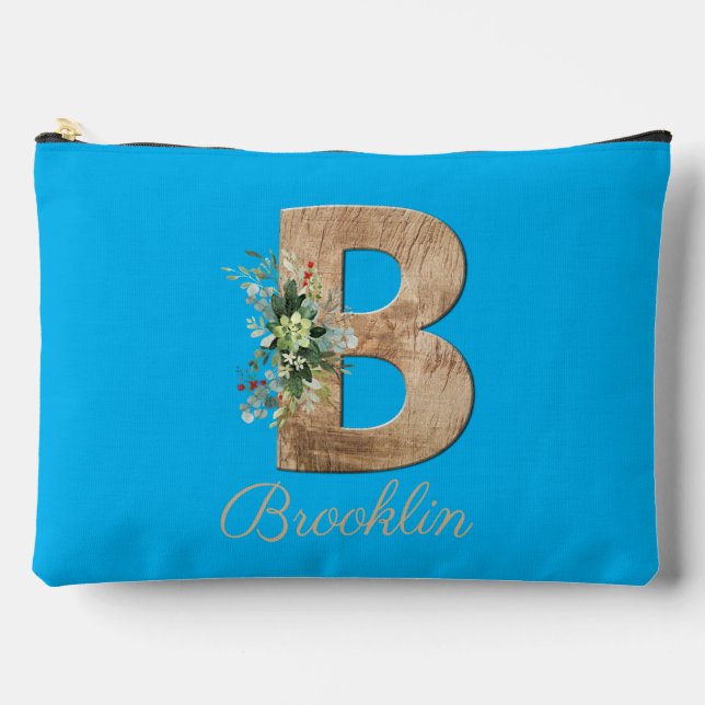 Monogram B wood letter blue flower black Accessory Pouch (Front)