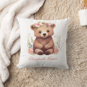 Monogram Baby Bear Girls Pink Flowers Nursery Throw Pillow