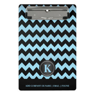 Monogram Baby Blue & Black Chevron Stripes Mini Clipboard