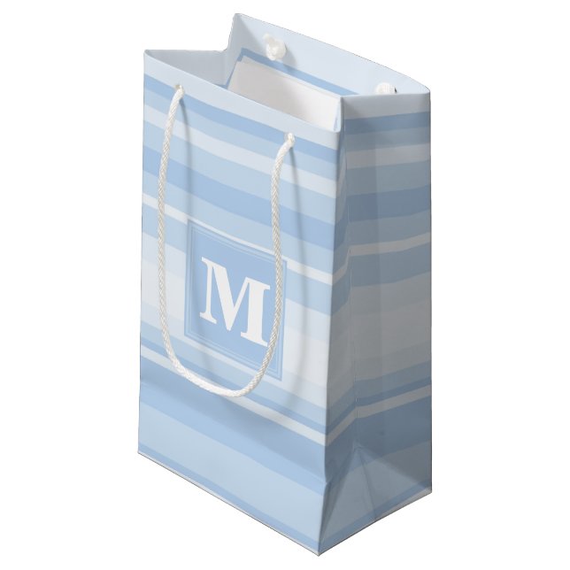 Monogram baby blue stripes small gift bag (Front Angled)