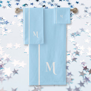 Monogram Baby Blue White Racing Stripes Boys Kids Bath Towel Set