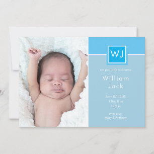 Monogram Baby Boy Photos Blue Elegant Chic Birth Announcement