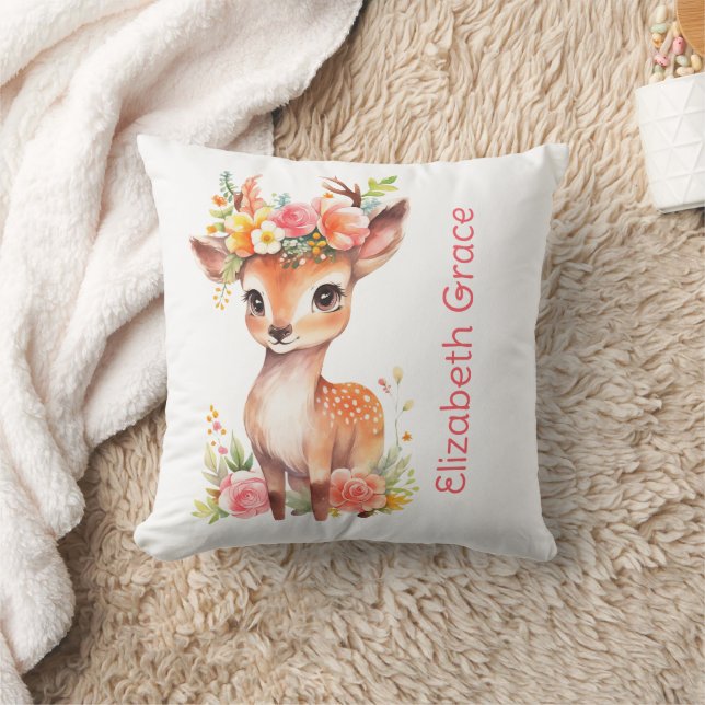 Monogram Baby Deer Pink Floral Flowers Baby Throw Pillow (Blanket)