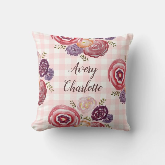 Monogram Baby Girl Floral Throw Pillow (Front)