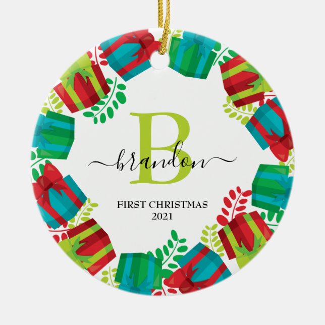 Monogram Baby Name First Christmas Xmas Wreath Ceramic Ornament (Front)