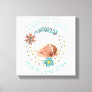 Monogram Baby Photo Boho Floral Birth Announcement Canvas Print