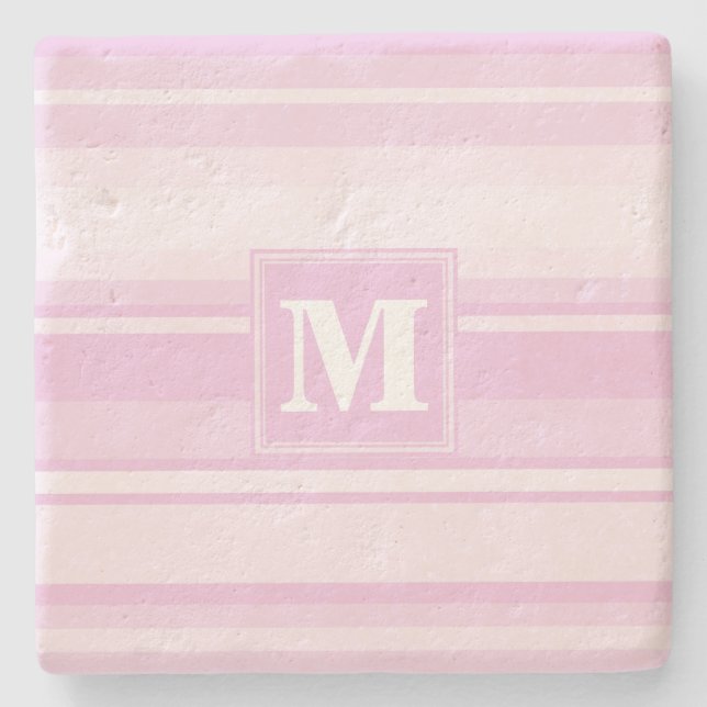 Monogram baby pink stripes stone coaster (Front)