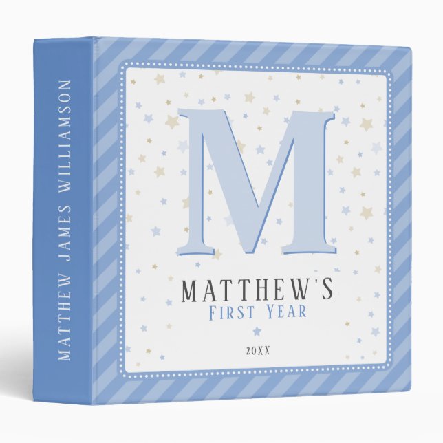 Monogram Baby's First Year Memory Album Blue White Binder (Front/Spine)