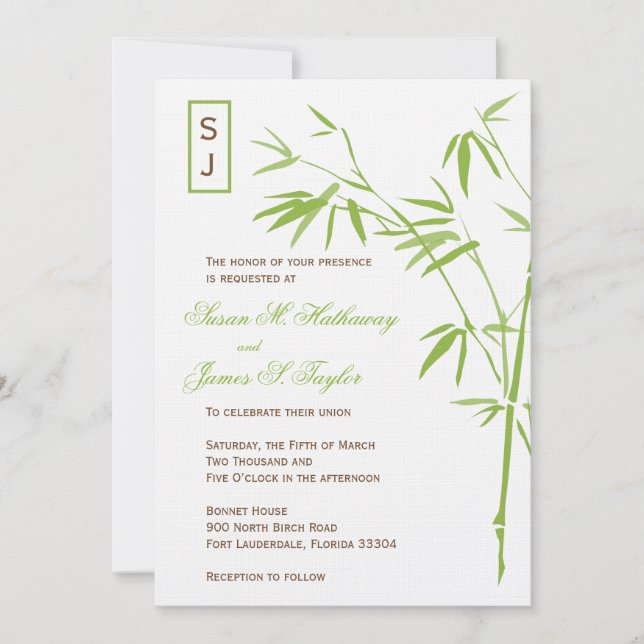 Monogram Bamboo Wedding Invitations  |  Green (Front)