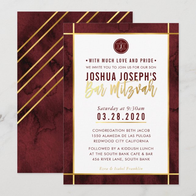 MONOGRAM BAR MITZVAH dark red watercolor gold Invitation (Front/Back)
