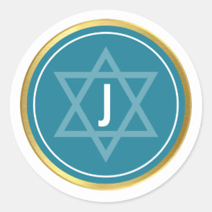 MONOGRAM BAR MITZVAH modern teal blue gold Classic Round Sticker
