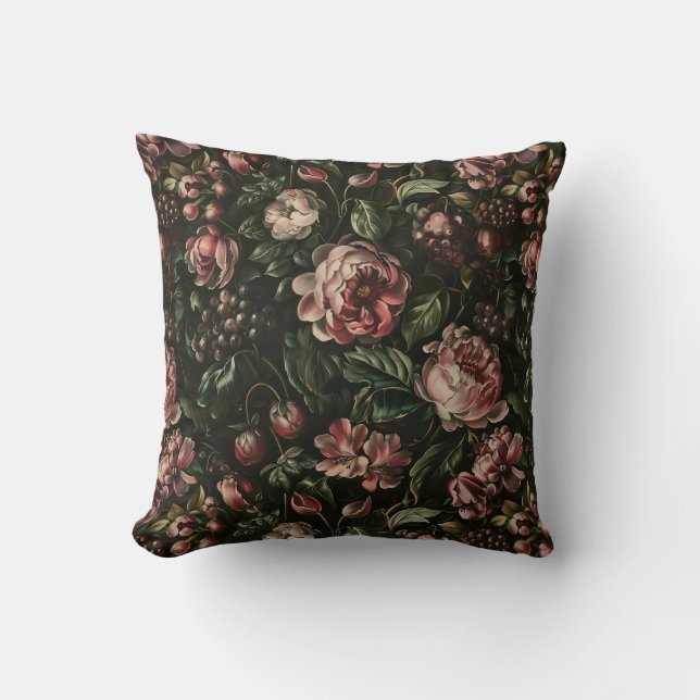 Monogram Baroque Dark Purple Floral Pattern Throw Pillow (Front)