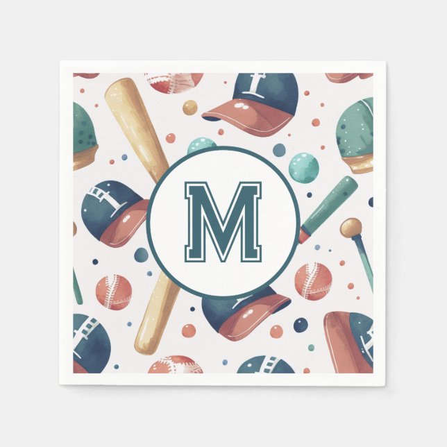 Monogram Baseball Theme Pattern Personalized Napkin (Front)