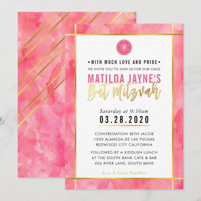 MONOGRAM BAT MITZVAH coral pink gold stripe Invitation (Front/Back)