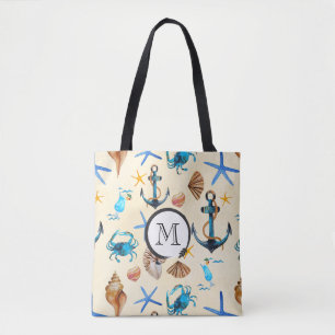 Monogram Beach And Sea Life Themed Pattern Tote Bag