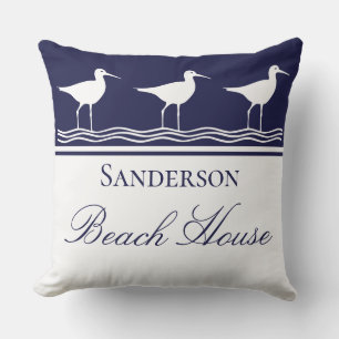 Monogram Beach house navy blue Sandpipers Outdoor Pillow