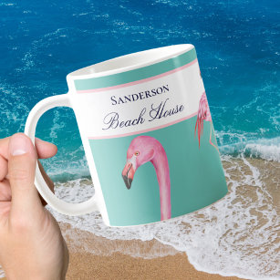 Monogram Beach House Teal Flamingos navy blue   Coffee Mug