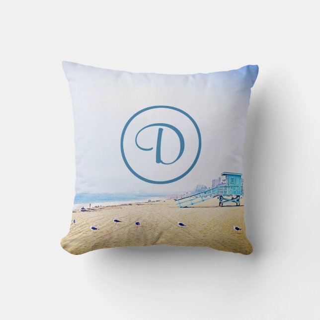 Monogram beach ocean seagulls lifeguard booth bold throw pillow (Front)