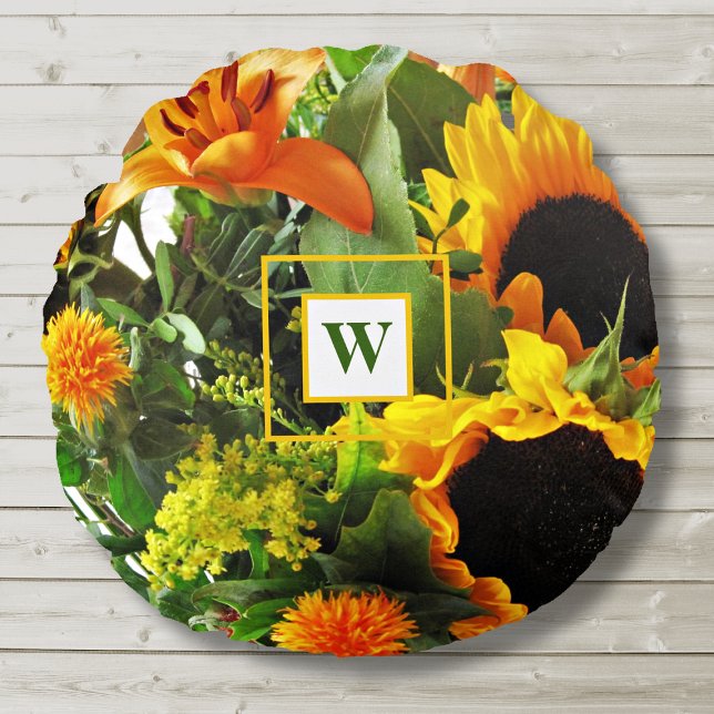 Monogram Beautiful Autumn Fall Sunflowers Round Pillow (Creator Uploaded)