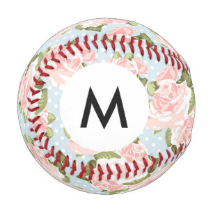Monogram Beautiful rose pattern with blue dots Baseball