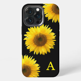 Monogram & Beautiful Sunflowers on Black iPhone 13 Pro Case