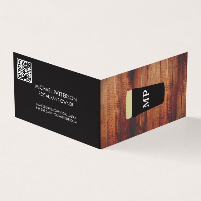Monogram | Beer Glass | Wood Background | QR Code Business Card (Outside)