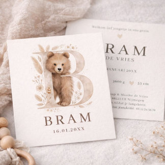 Monogram Beer Neutraaal Bosdier Jongen Geboorte Card