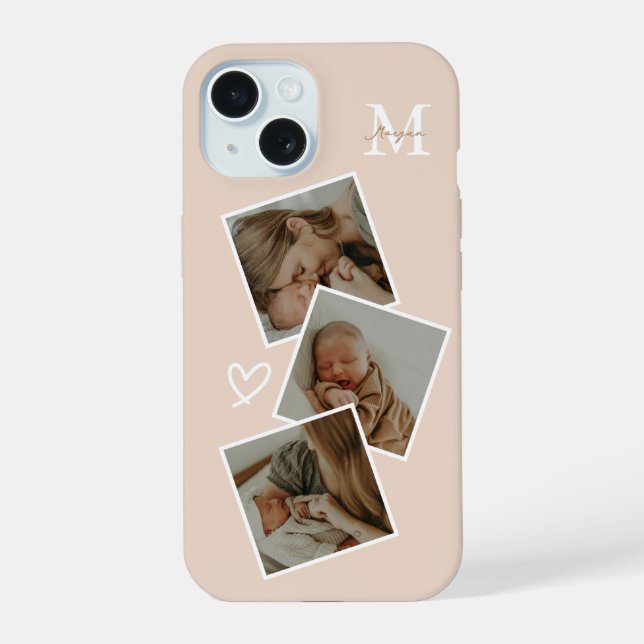 Monogram Beige Custom 3 Photo Collage iPhone 15 Case (Back)