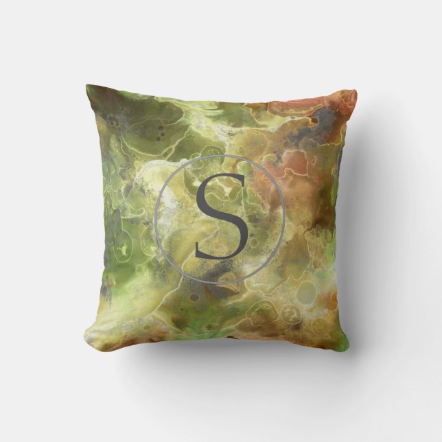 Monogram Beige Green Watercolor Fall Throw Pillow (Front)