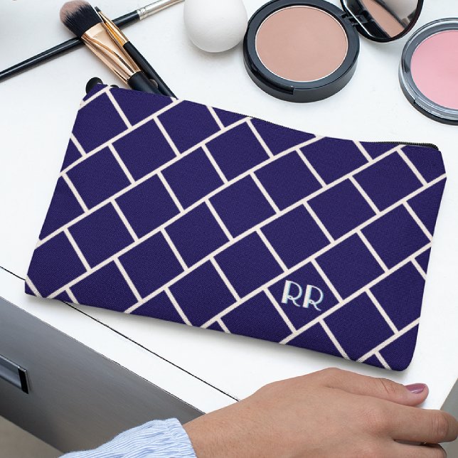 Monogram Beige & Navy Blue Stylish Trellis Pattern Accessory Pouch (Creator Uploaded)
