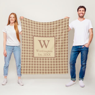 Monogram Beige Rust Buffalo Plaid Rustic Country  Fleece Blanket