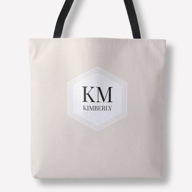 Monogram Beige Simple Neutral Modern Custom Name Tote Bag (Monogram Beige Simple Neutral Modern Custom Name Tote Bag)